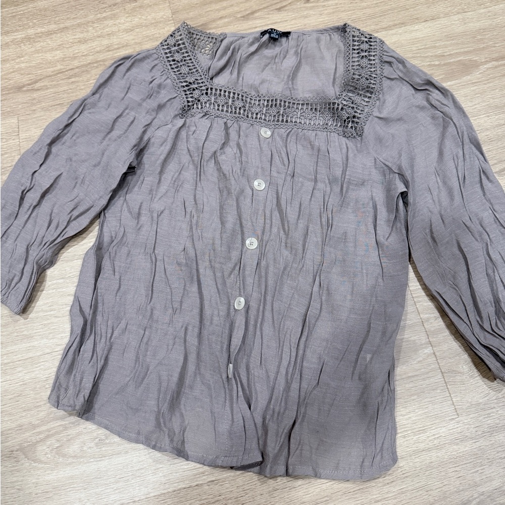AUW Taupe Crochet-Trim Button-Front Women's Blouse